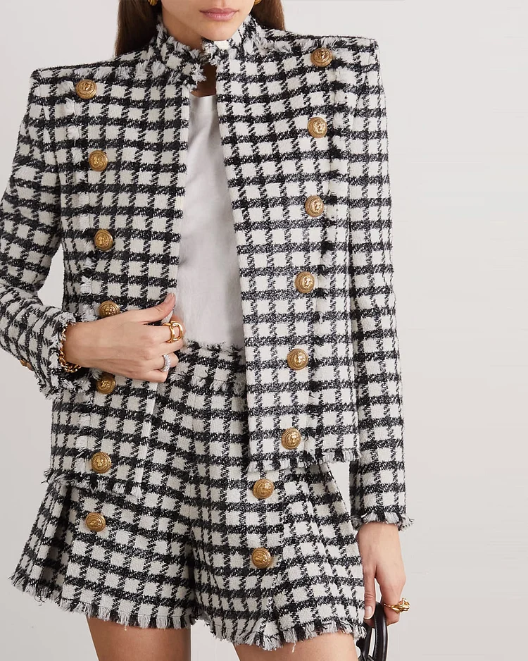 Button-Embellished Checked Tweed Jacket And Skirt Two-Piece Set