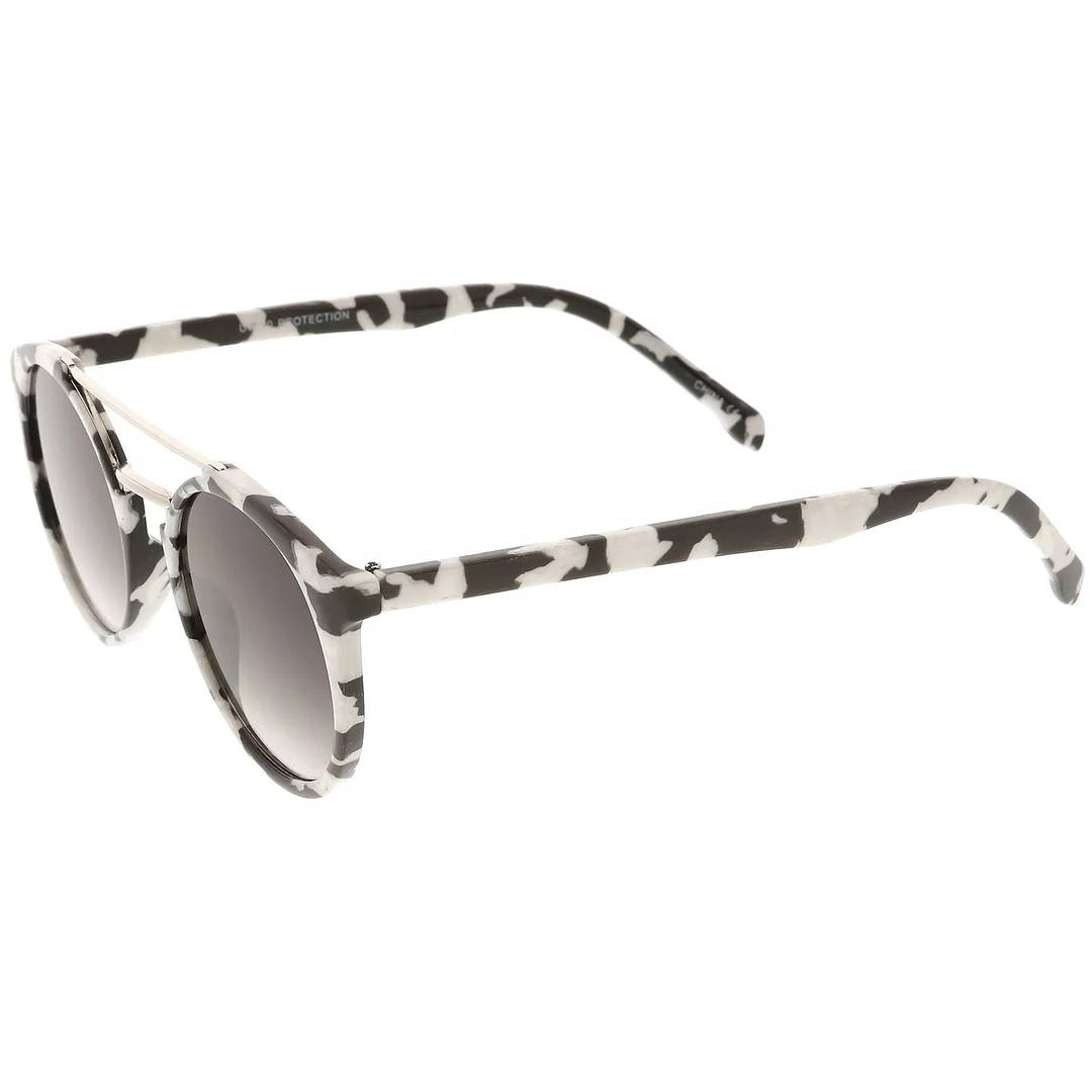 Modern Horn Rimmed glasses Marble Print Double Crossbar Round Flat Lens 50mm