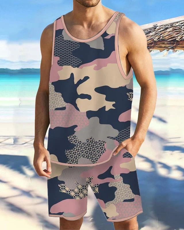 Men's Casual Resort Printed Vest Set 036