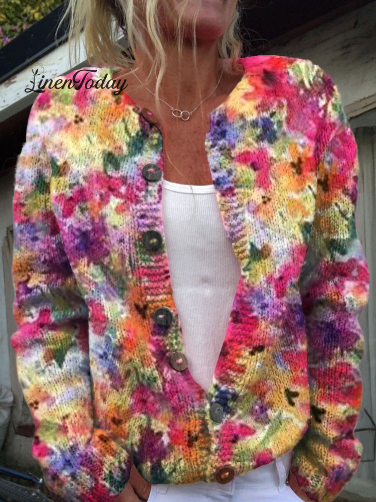 Floral Art Print Buttoned Cardigan Sweater Multicolor / S