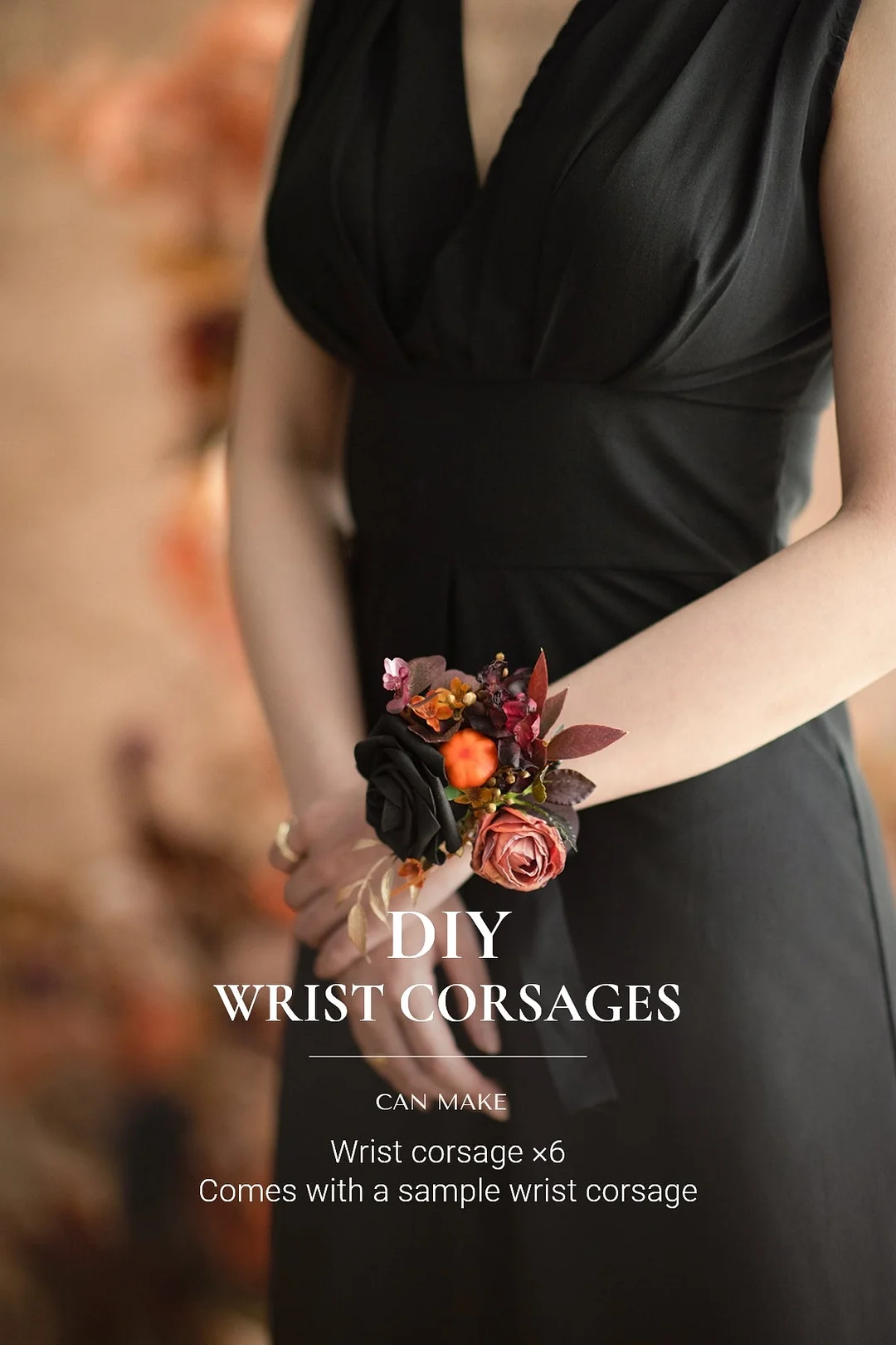 DIY Wedding Wrist Corsage in Black & Pumpkin Orange