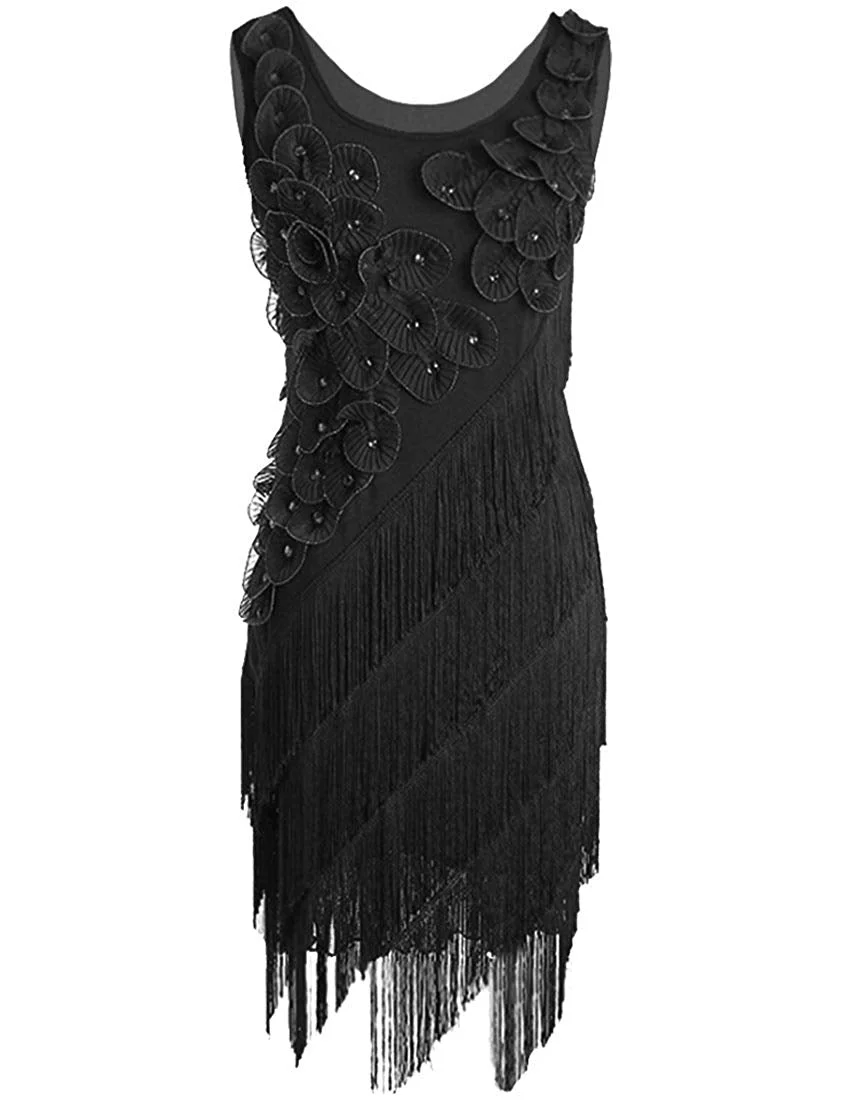 Women's 1920s Beaded Fringe Scalloped Petal Plus Size Flapper Dress