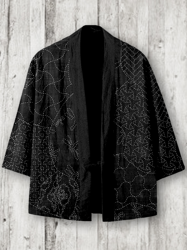 Comstylish Vintage Japanese Sashiko Art Linen Blend Kimono Cardigan