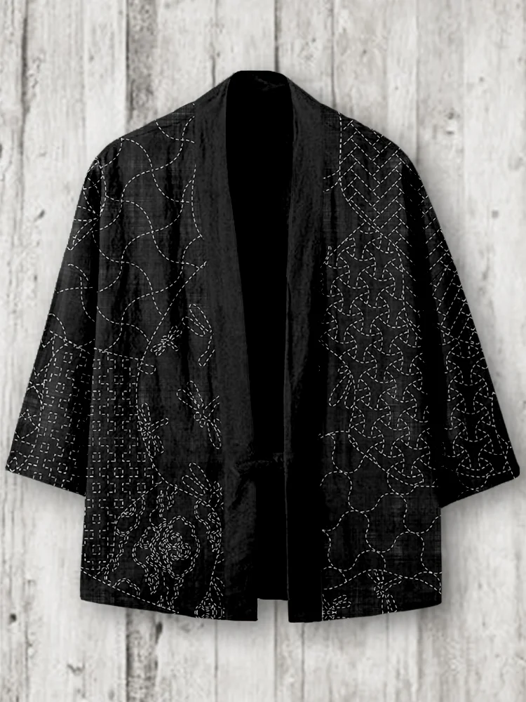 Vintage Japanese Sashiko Art Linen Blend Kimono Cardigan