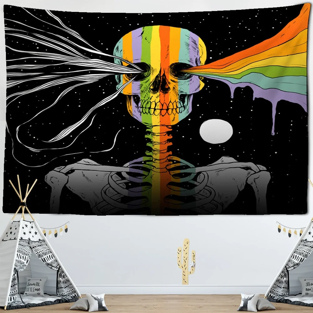 Nordic Style Skull Astronaut Tapestry Flowers Rainbow Moon Starry Sky Mandala Carpet Black Skull Witchcraft Wall Hanging Blanket