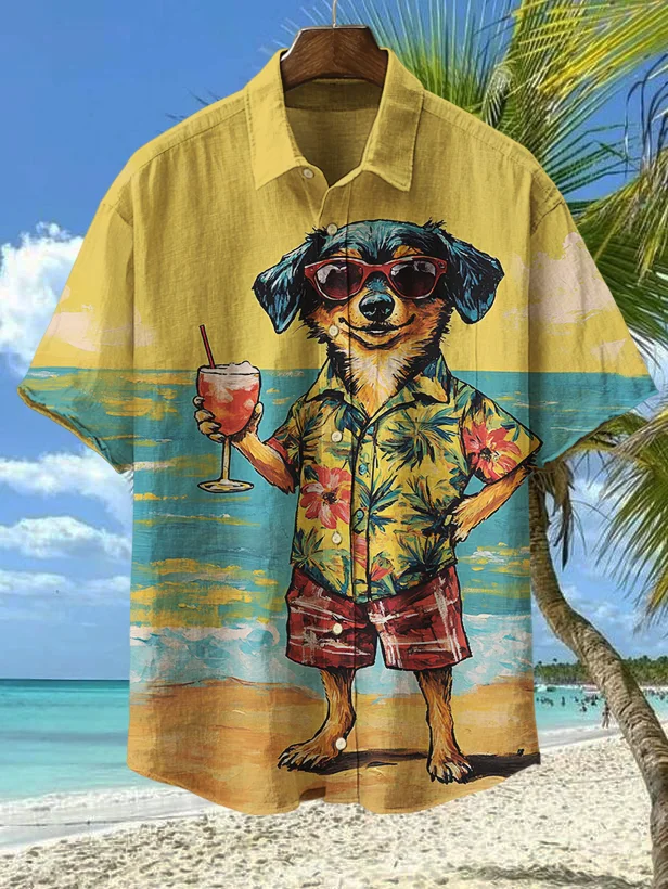 Men's A Dog On Vacation In Hawaii Print Short Sleeve Shirt