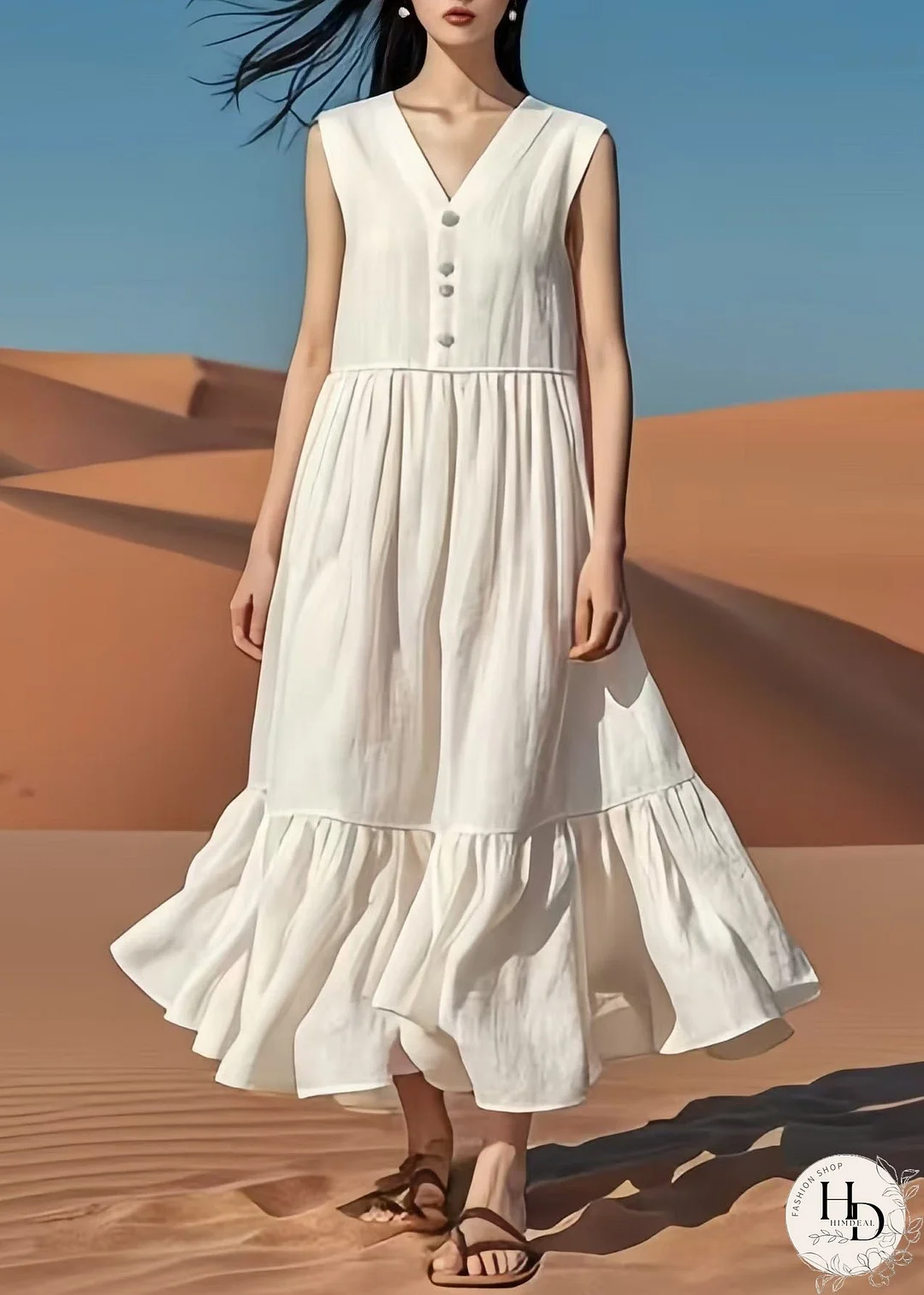 Vintage White V Neck Patchwork Cotton Long Dresses Summer