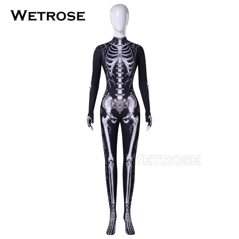 [Wetrose] In Stock Skeleton Print Long Sleeve Jumpsuit Cosplay Costume Halloween Xmas 