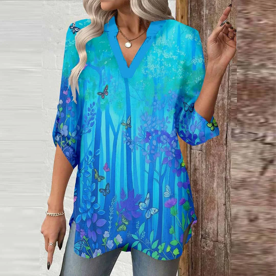 Women Floral,Blue,Purple DZGA0631 3/4 Sleeve V-neck Printed Graphic Button Tops