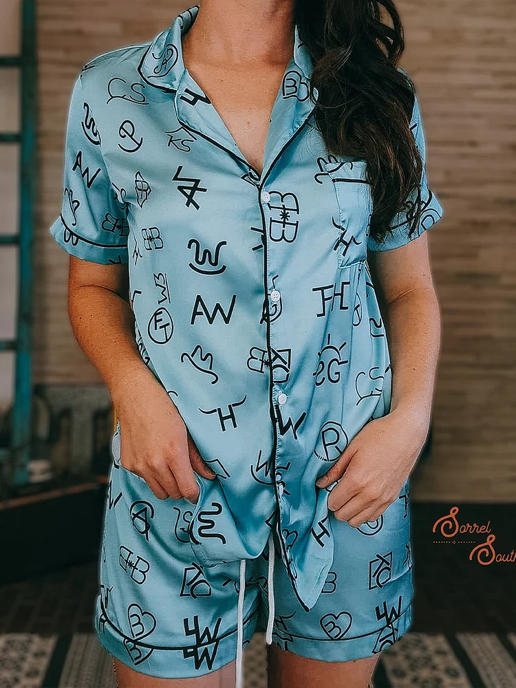 Western Casual Blue Print Silk Short Sleeves Pajama Set