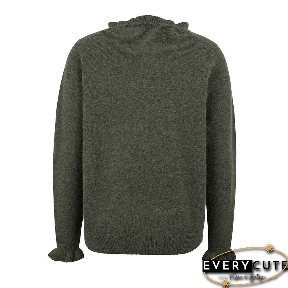 Green Ruffle Detail Crew Neck Long Sleeve Knitted Sweater