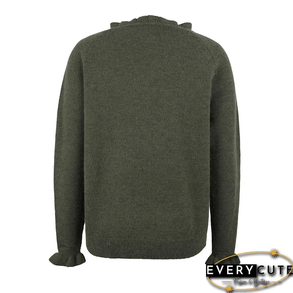 Green Ruffle Detail Crew Neck Long Sleeve Knitted Sweater