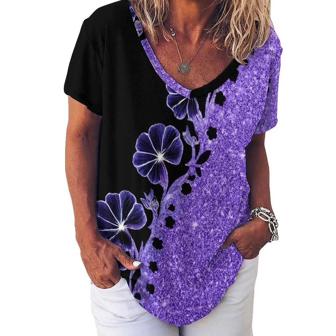 V-neck Short Sleeve Casual T-shirt for  Women Printed with Pattern Purple, Floral, Glitter