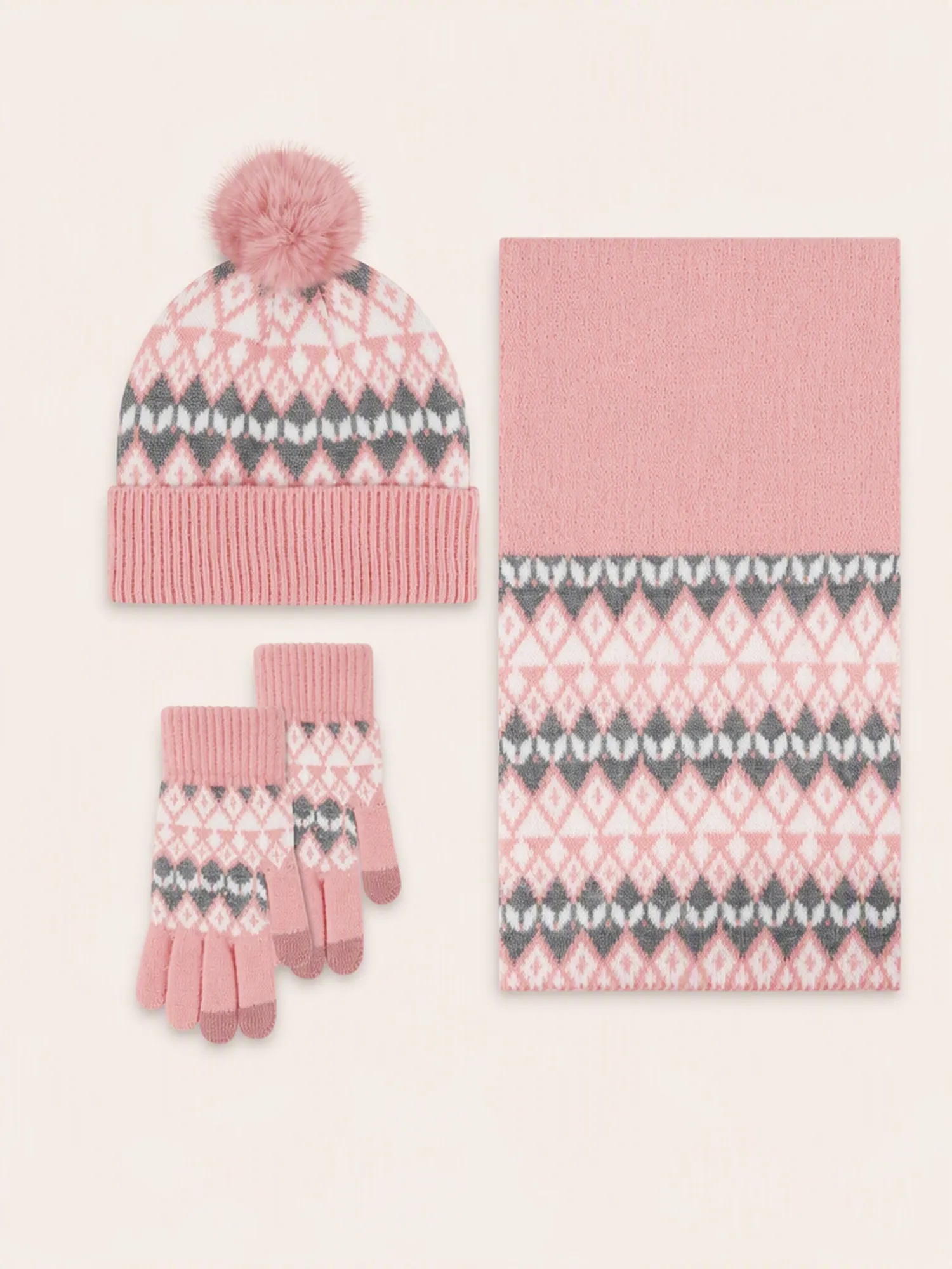 3-Piece Women's Geometric Jacquard Winter Set - Pom-Pom Beanie, Scarf & Touchscreen Gloves