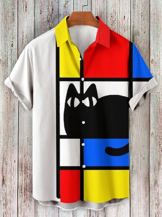 Men's Colorblock Art Fun Cat Silhouette Print Vacation Beach Shirt