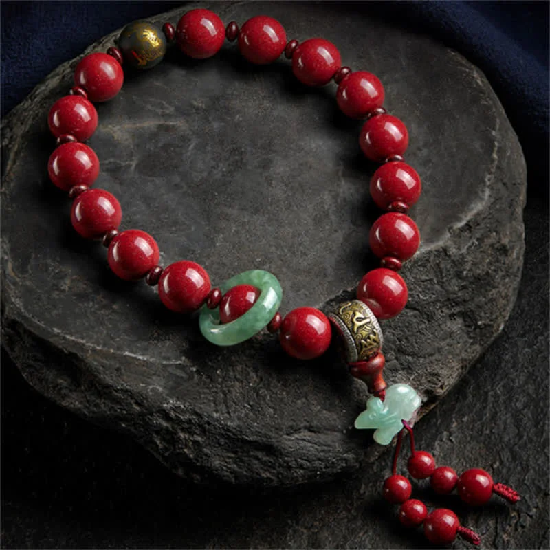 925 Sterling Silver Chinese Zodiac Cinnabar Om Mani Padme Hum Jade Blessing Wrist Mala