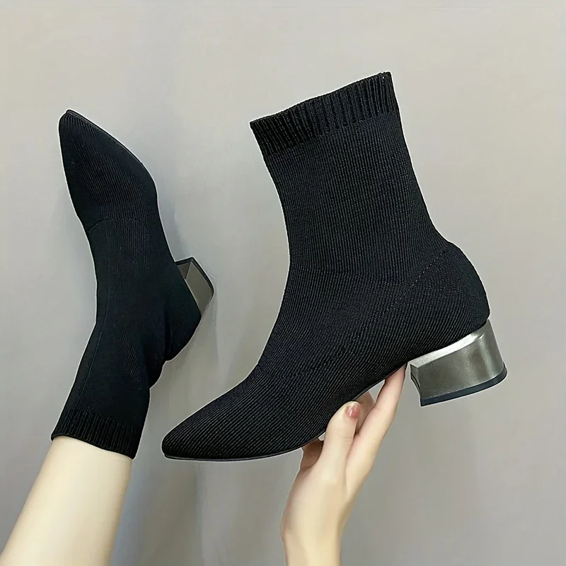 Women's Knitted Ankle Boots Women Shoes Woman Pointed Toe Stretchy Chunky med Heels Fashion Sock Short Botas