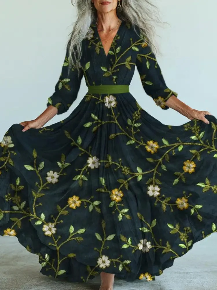 Retro Boho Floral Art Printed Vintage V-Neck Long Sleeves Midi Dress