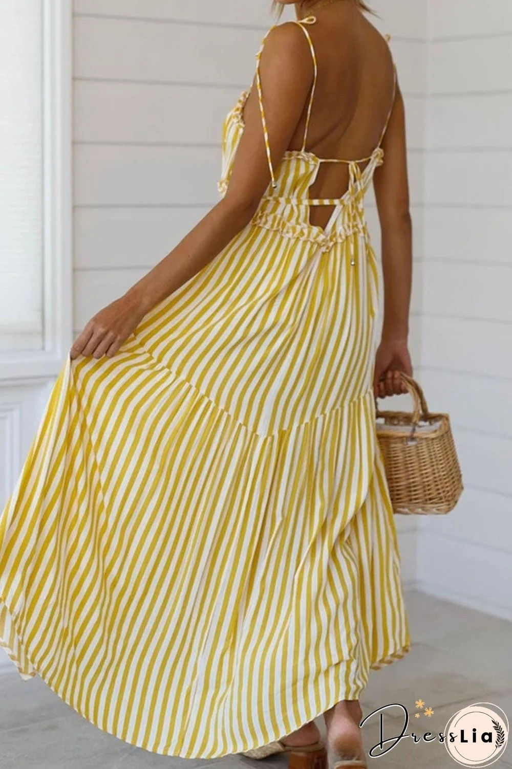 Striped Backless Lace-up Vacation Maxi Dress