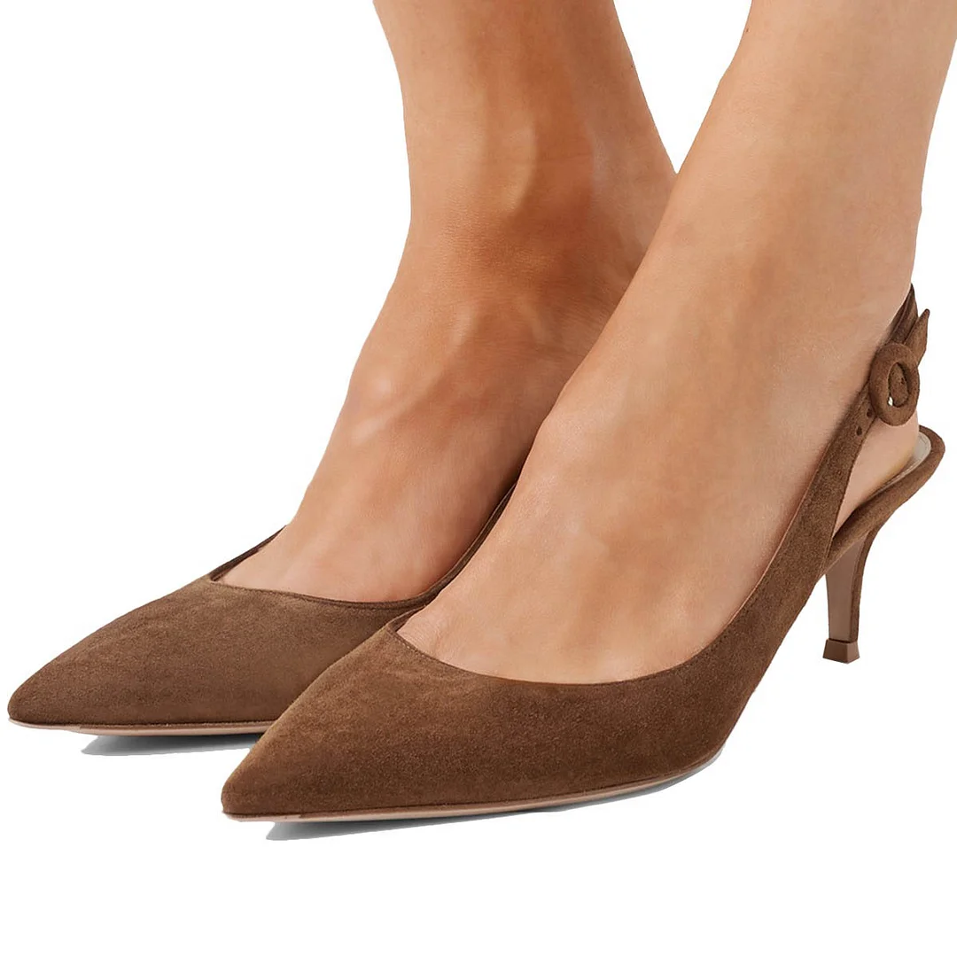 Brown Vegan Suede Pointed Toe Slingback Low Heel Pumps with Buckle