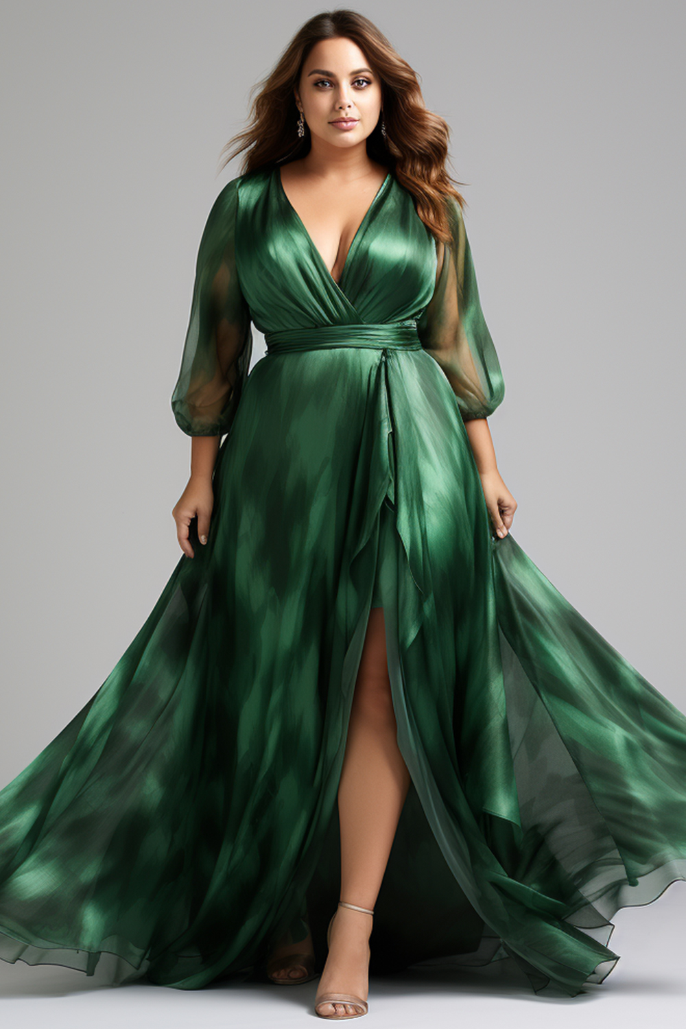 Flycurvy Plus Size Wedding Guest Emerald Green Lantern Sleeves Wrap Split Maxi Dress