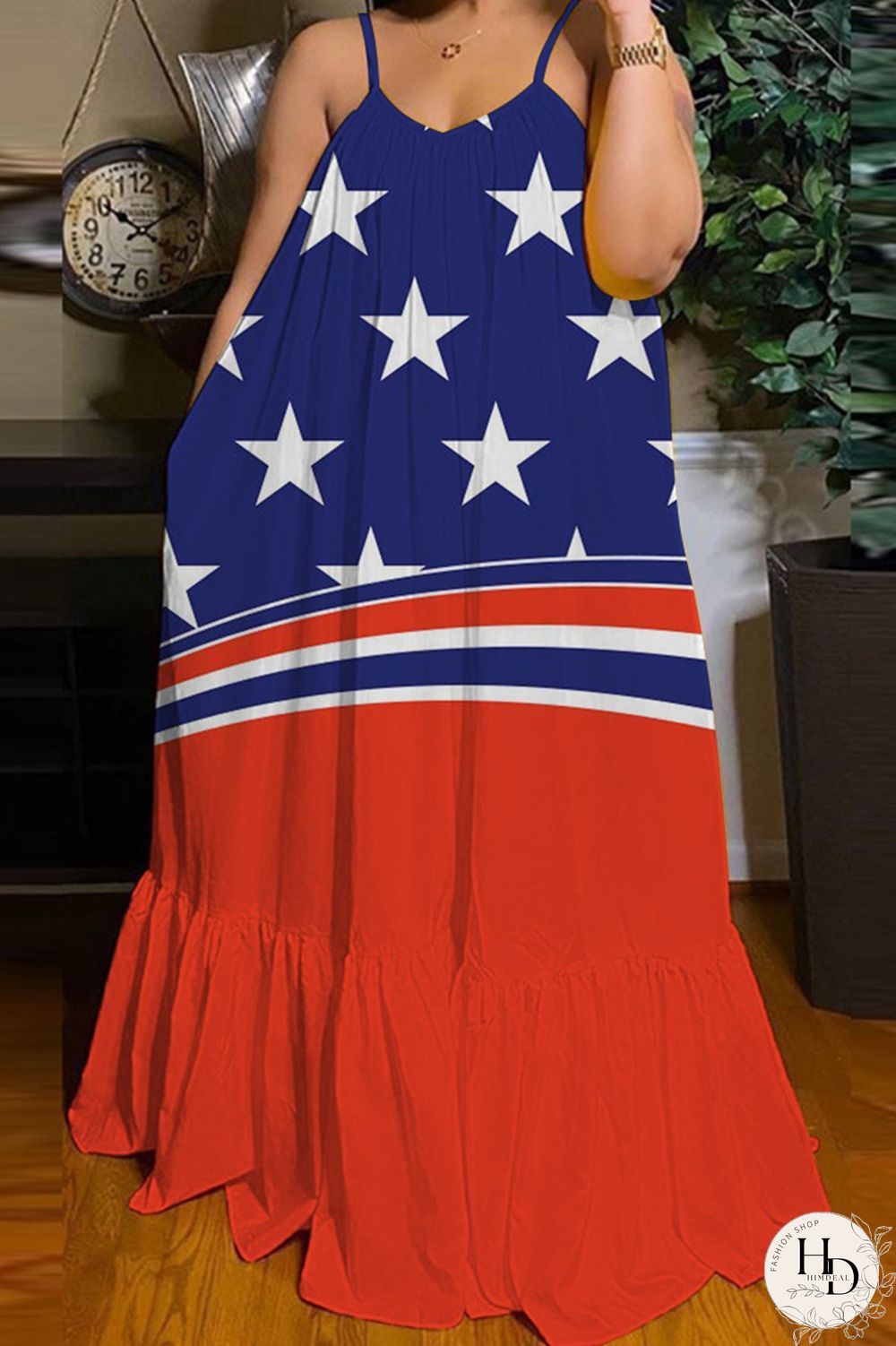 Blue White Fashion Casual Print Backless Spaghetti Strap Long Dress