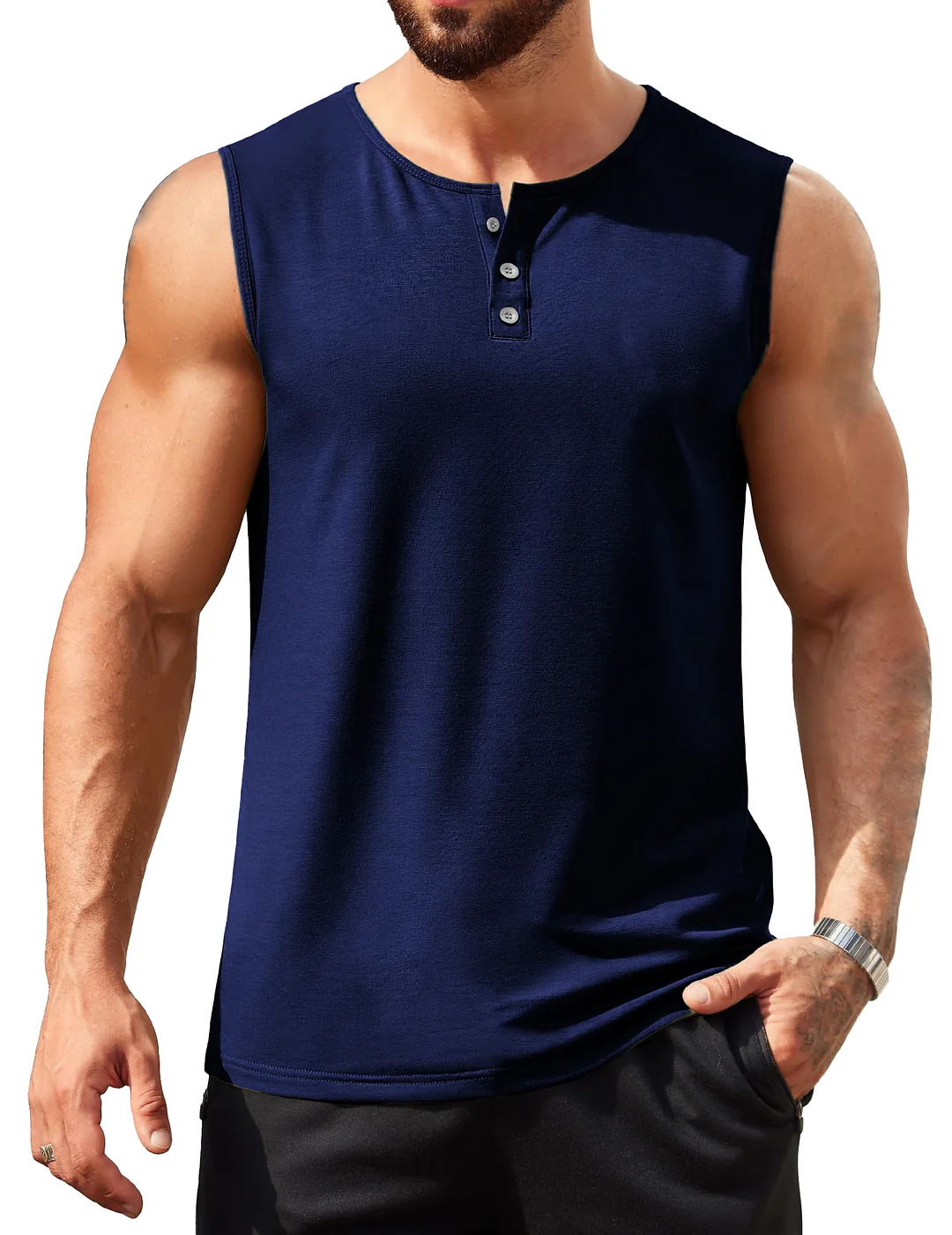 Men's Hawaiian Casual Comfort Button-Down Crew Neck Sleeveless Henley Shirt
