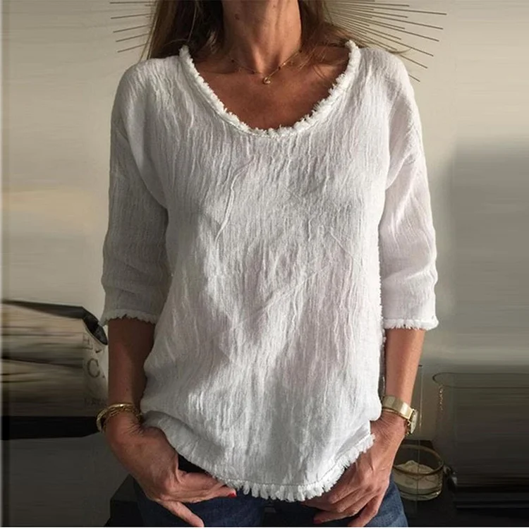 Women's Cotton Linen Solid Color Casual Loose Crew Neck T-Shirt-mysite