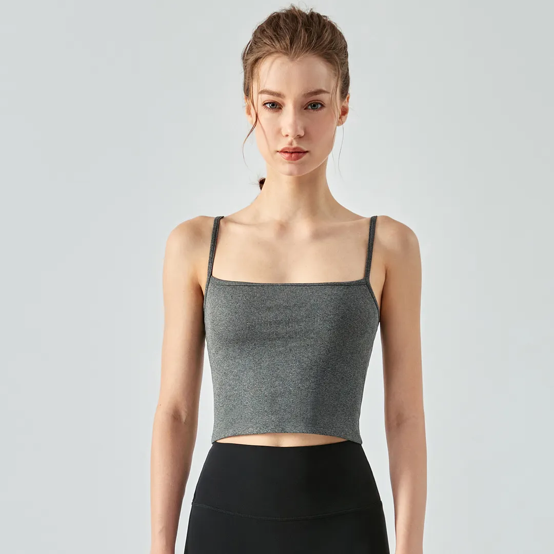 Hergymclothing Dark Gray ladies fashion contrasting colors thin straps stretchable workout polyester spandex tank tops with built in pads online shopping