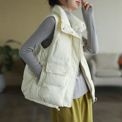 Literary Solid Color Stand Collar  Down Vest Coat