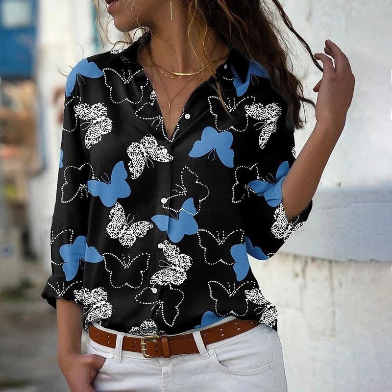 Butterfly Print Blouses For Women Turn-down Collar Long Sleeve Elegant Office Lady Tops Casual Plus Size Fashion Shirts Blusas
