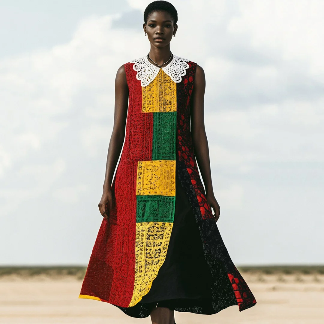 Women's Black Juneteenth Lace Patchwork Dress