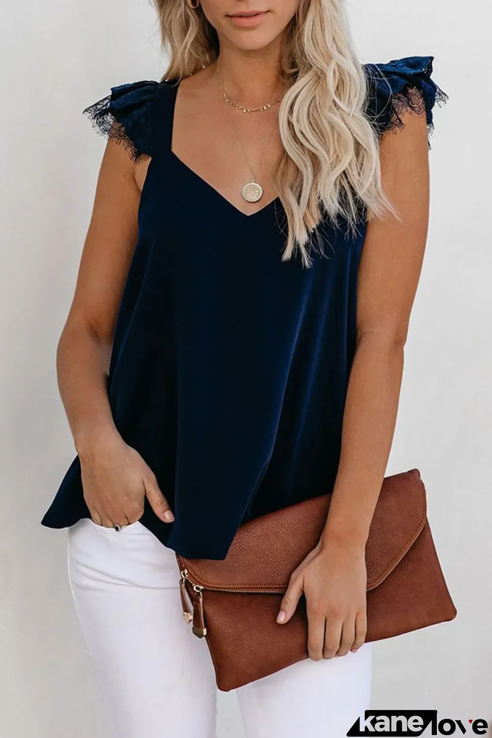 Blue V Neck Flutter Lace Flowy Tank Tops