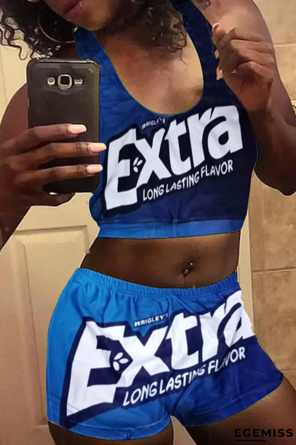 Dark Blue Fashion Sexy adult Ma'am Letter Print Two Piece Suits Straight Sleeveless Two Pieces | EGEMISS