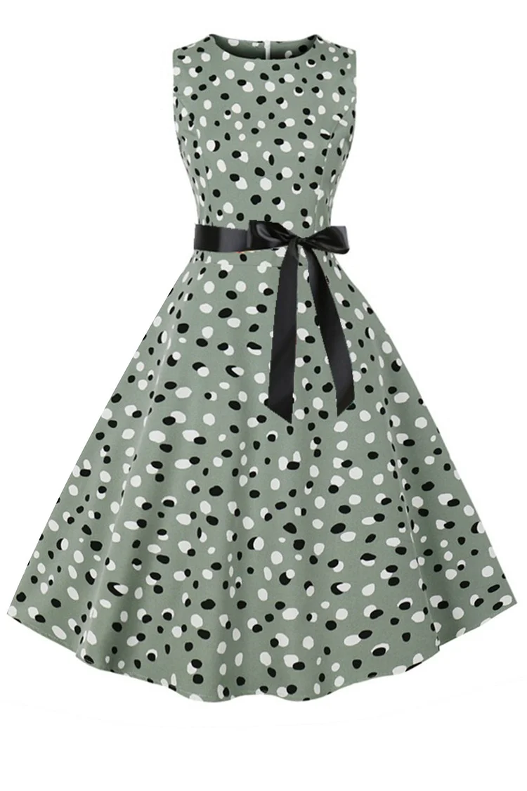 1950s Matcha Green Casual Polka Dot Print Bow Sash Swing Midi Dress