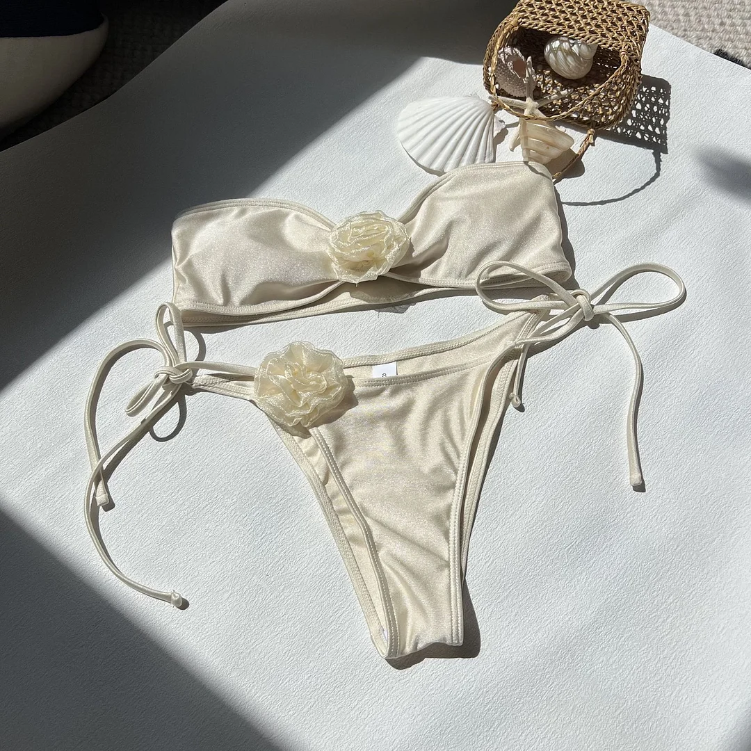 Brownm 2024 New Solid Color Light Flower Braided Swimsuit Bikini