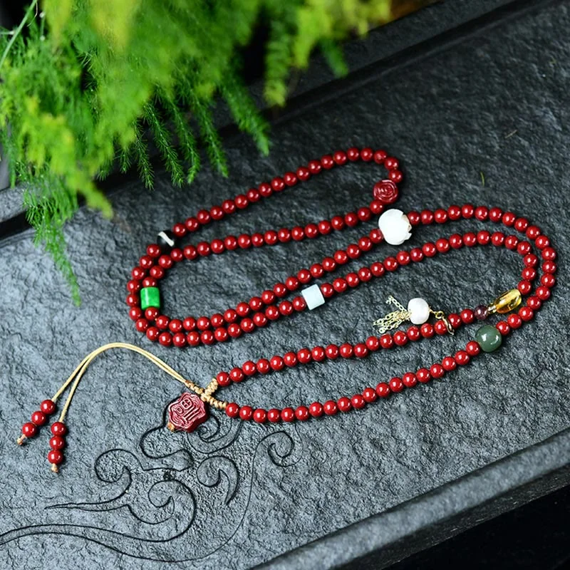 Tibetan Cinnabar Lotus Quadruple Wrap Blessing Bracelet Mala
