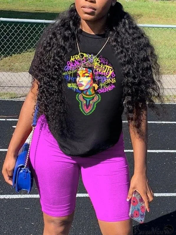 Graffiti Printed Letter O-Neckline Pullover Tee