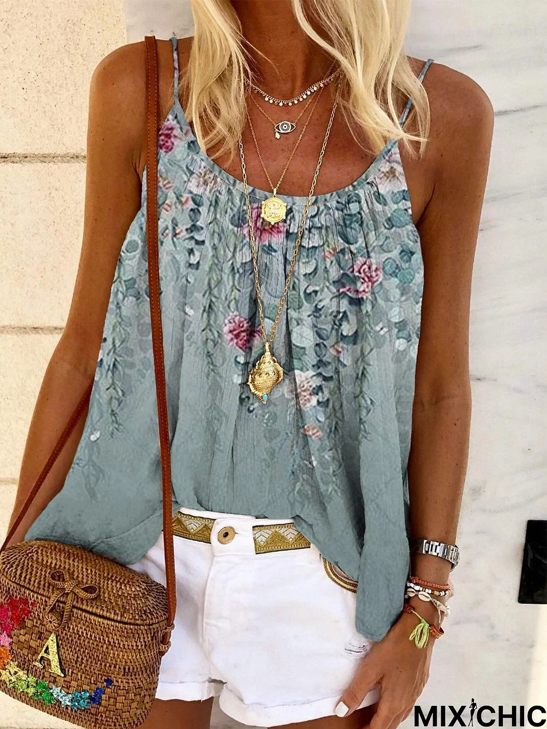 Cotton Floral Crew Neck Tank & Cami