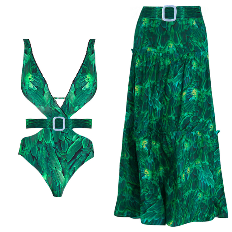 V Neck Cut Out Feather Printed Swimsuit and Skirt