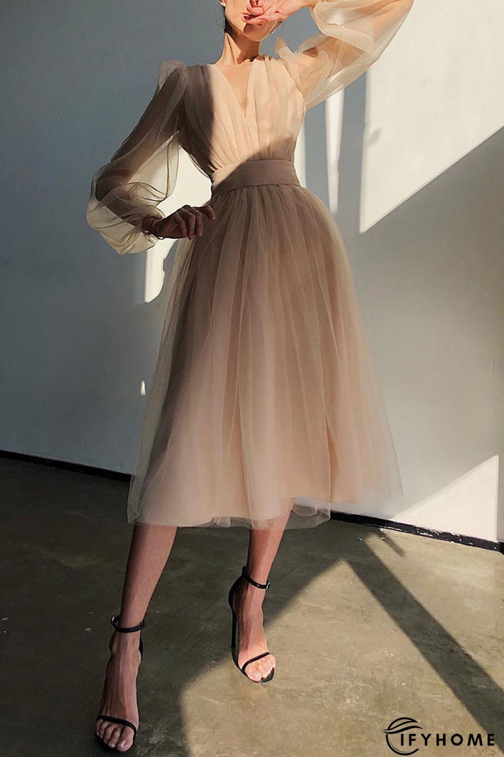 V Neck Tulle Long Sleeve Midi Dress | IFYHOME
