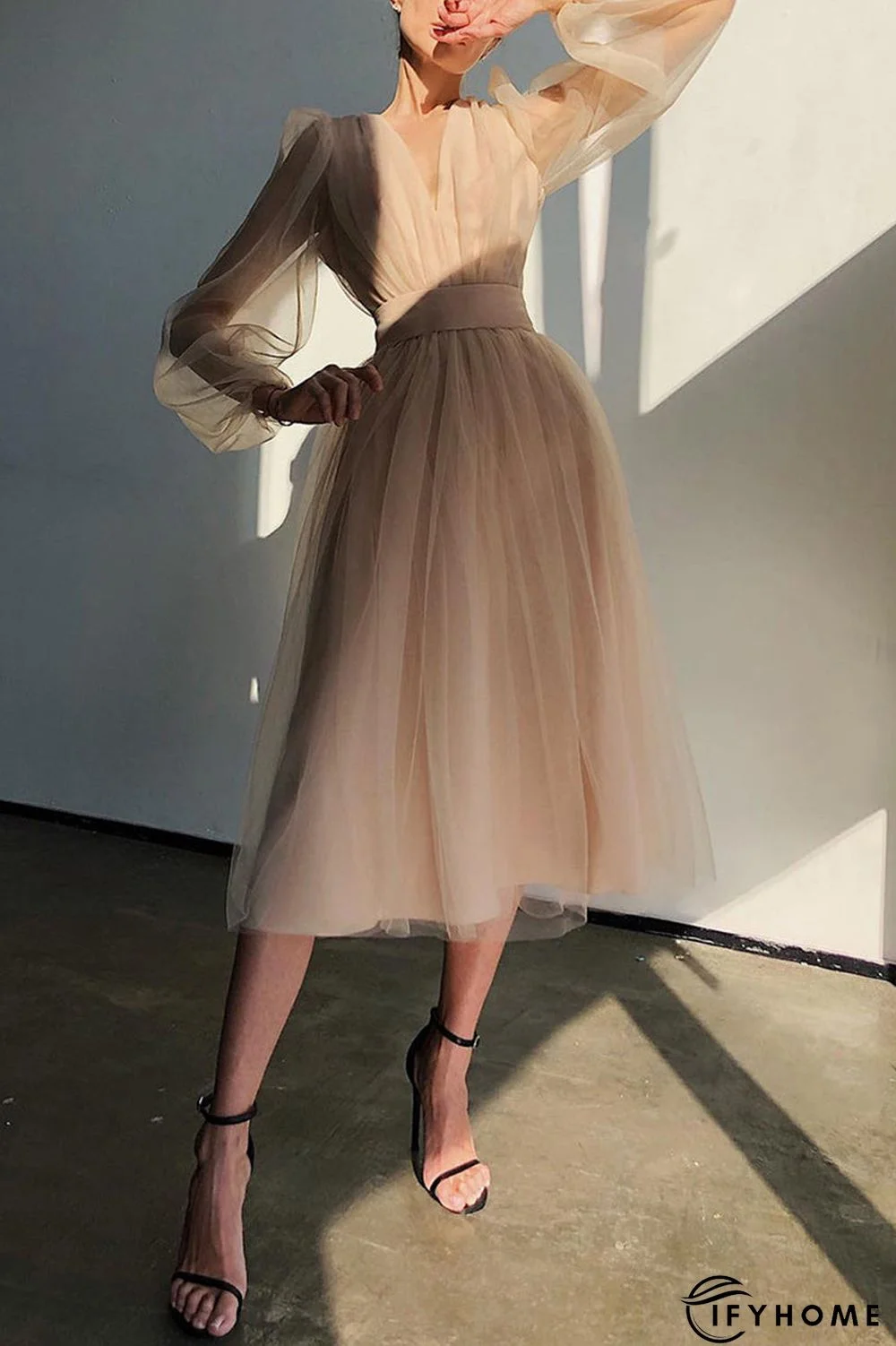 V Neck Tulle Long Sleeve Midi Dress | IFYHOME