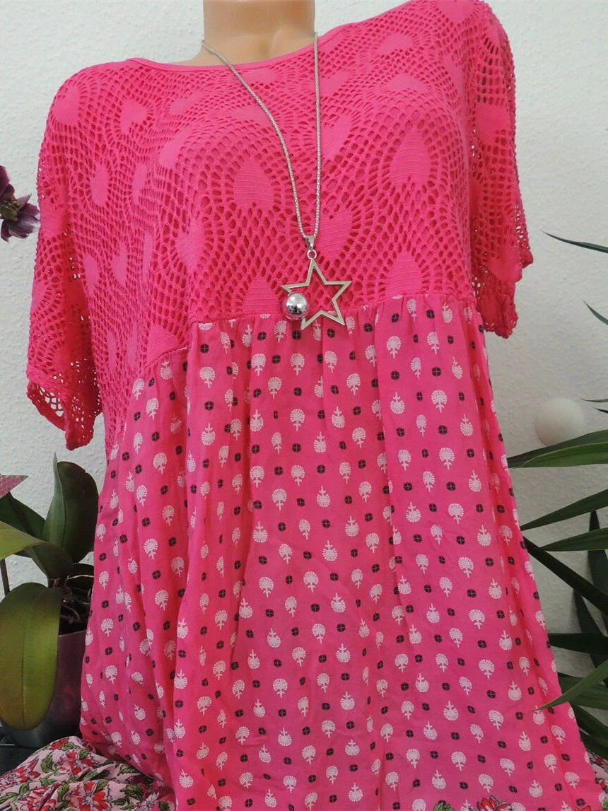 Women Short Sleeve Scoop Neck Floral Printed Lace Stitching Tops