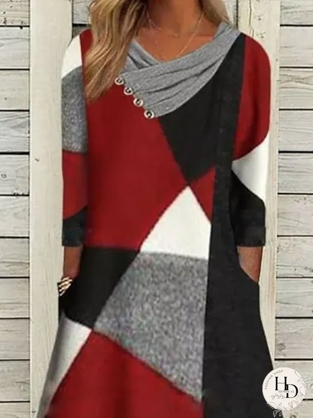 Casual Dress Shift Dress Midi Dress Red 3/4 Length Sleeve Color Block Patchwork Spring Fall Cowl Neck Fashion S M L XL XXL 3XL for Women