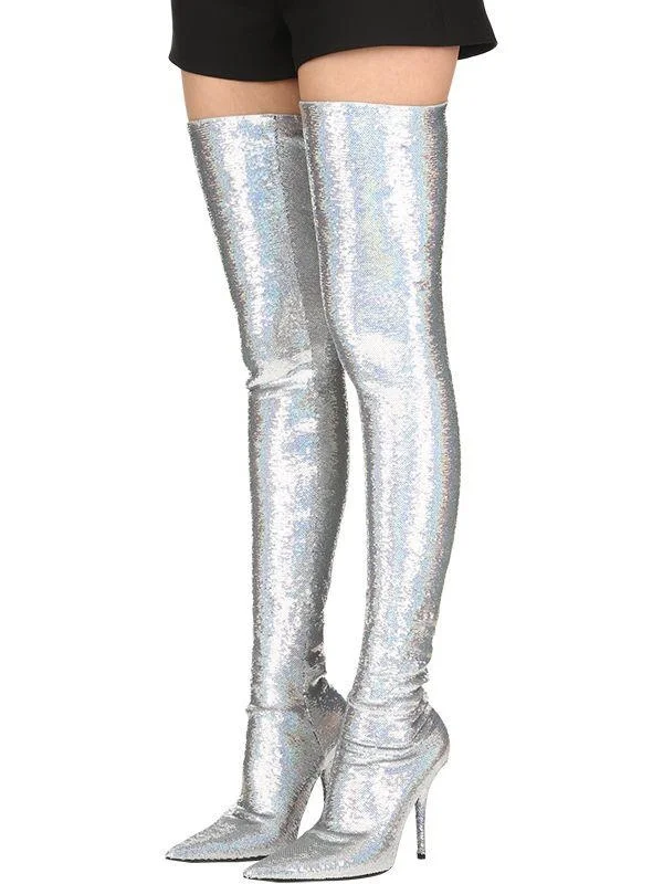 Silver Sequin Pointy Toe Thigh High Party Boots Vdcoo