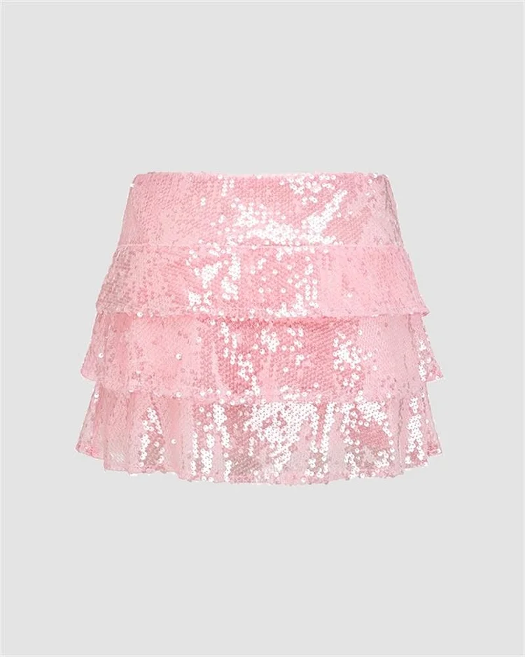 Pink glitter ruffle mini skirt outlet co-ord