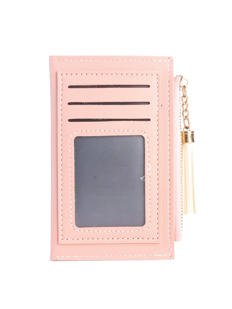 PU Solid Wallet Card Holder Bag Women Tassel Multi-slot Mini Purse (Pink)