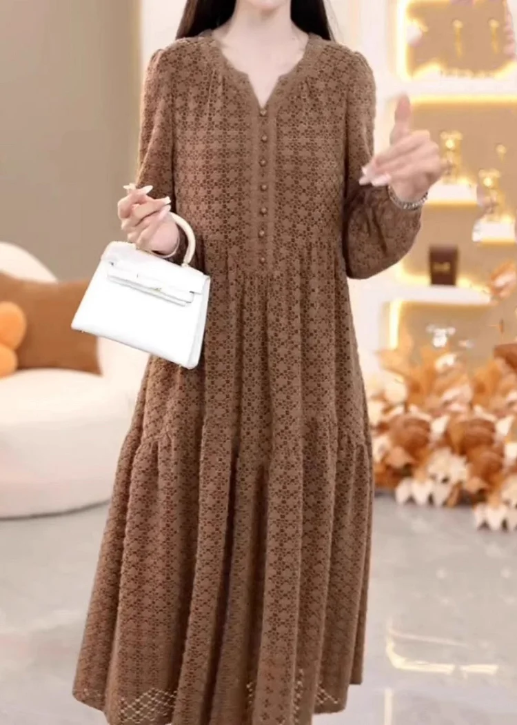 Women Photo Color V Neck Patchwork Button Silk Velour Maxi Dresses Spring