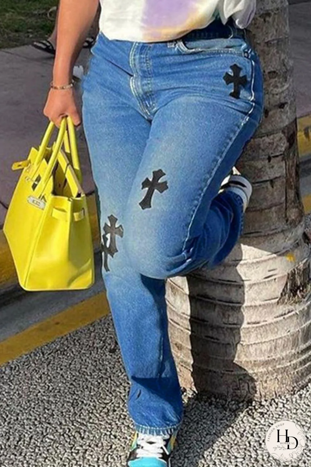 Blue Fashion Casual Embroidery Basic Low Waist Straight Denim Jeans