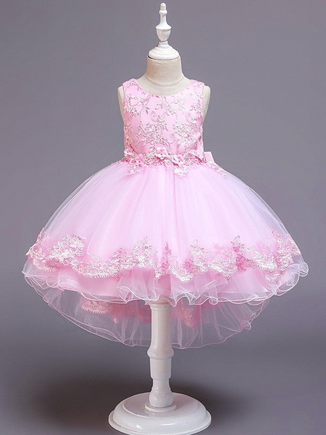 Oknass Sleeveless Jewel Neck Ball Gown Flower Girl Dress Tulle With Bow Appliques